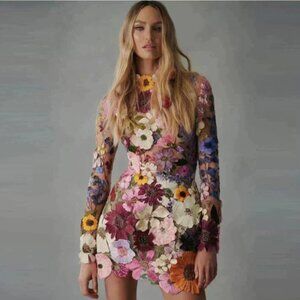 Multicolor Floral Appliqué Long Sleeve Mini Dress